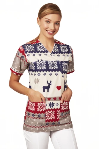 Bluza medyczna świąteczna Flores wzór skandynawski granatowo-czerwono-szary