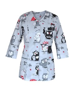 Żakiet medyczny Iris - rękaw 3/4 - sówki szalone z czerwonym na szarym