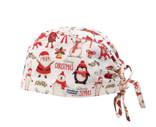 Czepek medyczny z troczkami - świąteczna ekipa na białym tle 