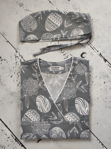 Bluza medyczna Flores - wzór wielkanocny szary w białe pisanki