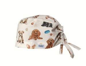 Czepek medyczny Premium z troczkami - szczeniaczki na beżu