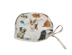 Czepek medyczny Premium z troczkami - szczeniaczki na beżu