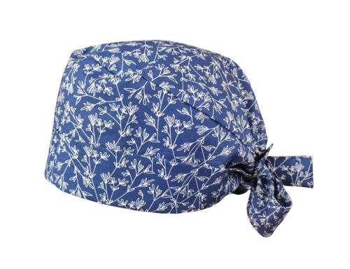 Czepek medyczny wiązany - granatowy w białe gałązki