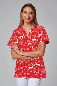 Bluza medyczna Flores czerwona w białe reniferki