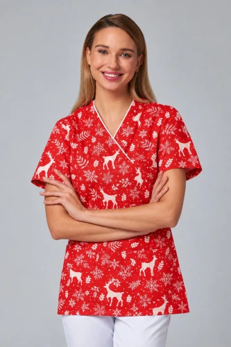 Bluza medyczna Flores czerwona w białe reniferki